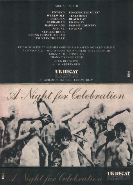 A Night For Celebration; UK Decay; UK Decay Records; Cassette: 1983 front/inside