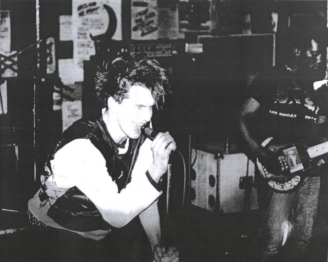 UK Decay's Abbo getting down at the Manchester poly 1982.
pics Kindly donated by P.Barlow