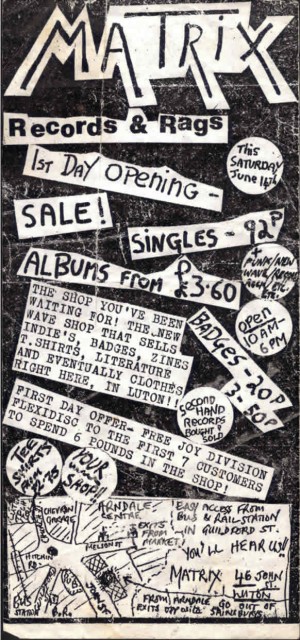 Matrix Records (Early UK Decay shop and rehearsal room) opening flyer c1979