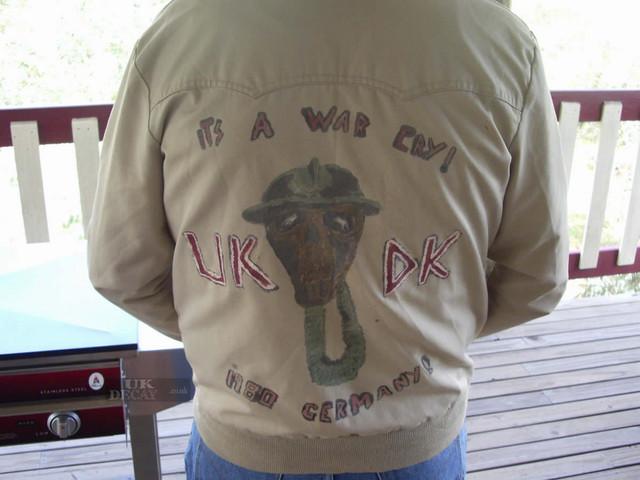 Mark Cottle's jacket(pic courtesy of Mark Cottle)
"If I remember right it was painted the day we stood in at the last minute
for wasted youth at the bridge house in canning town and cause the paint was
still wet we hung it in the rear window of the sherpa on the way to the gig.
It was also worn a lot on the 2nd tour of  Holland, France and Germany.. "