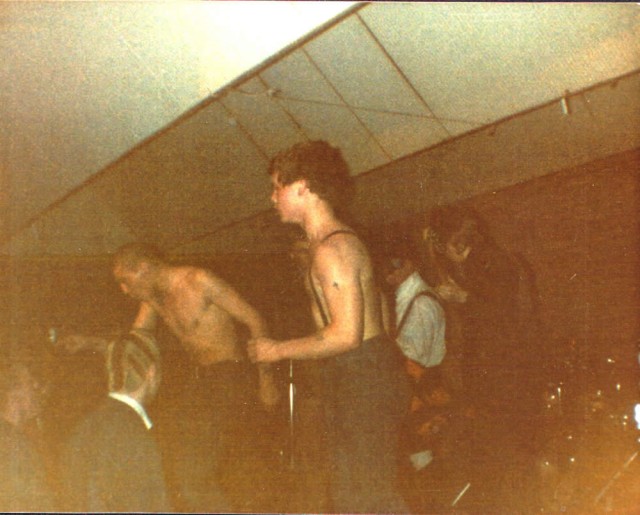 Battery Park on stage at Bletchley compass club April 1981 'Soggy' with the brases (Fictitious Drummer)