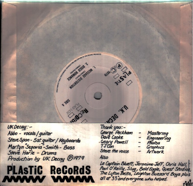 The Black 45: UK Decay: Plastic Records: 1980: slip