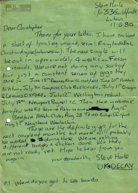Letter from Steve Harle to Chris Plummer, 1980ish.